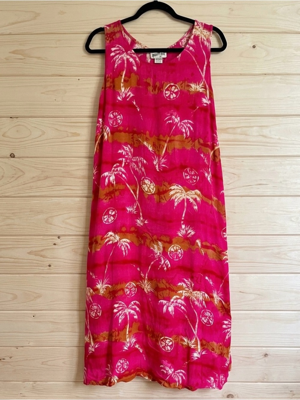 Vtg Desert Jems Hawaiian Boho Maxi Dress Rayon L Tropical 90s Pink Palm Print